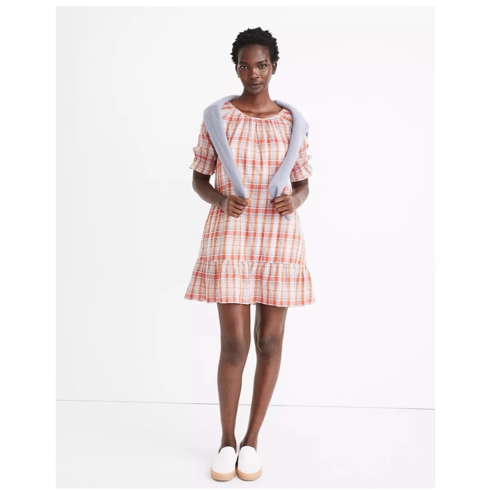 Madewell Plaid Ruffle Sleeve Pop Over Mini Dress Flounce Hem SZ S